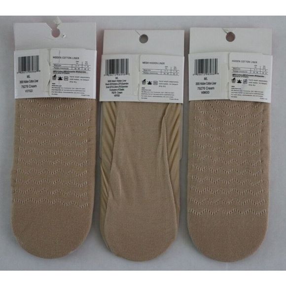 Hue V07GD 79276 Women's Sz M/L Cream Mesh & Cotton Hidden Liner Socks - 3 Pairs - Picture 2 of 2